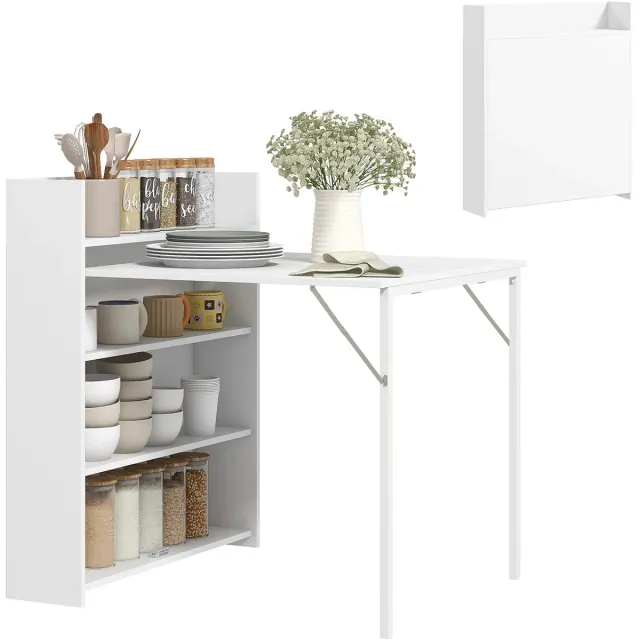 Pugsdrly Opklapbare eettafel, geschikt voor kleine ruimtes, met 4 discrete planken, opvouwbare keukentafel, anti-kantelfunctie, wit