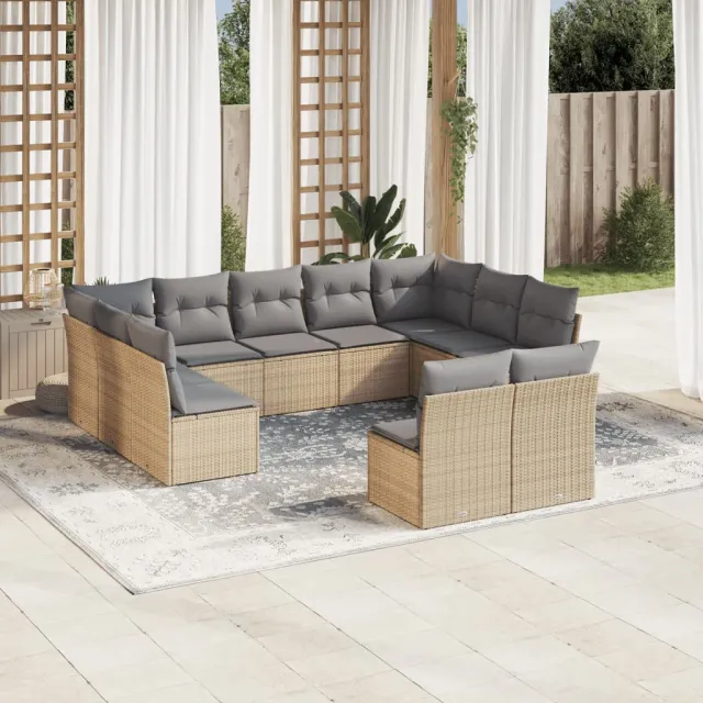 vidaXL 11-delige Tuinset met kussens poly rattan beige, foto 2