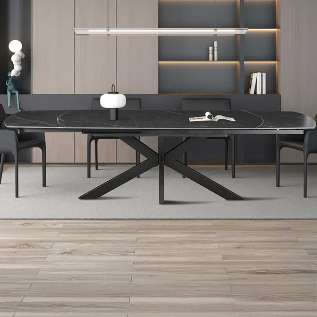 Rousseau Uitschuifbare Eettafel Ares 160-240 x 90 cm – Deens Ovalen vorm – Zwarte Marmerlook – Zwart Metalen Onderstel