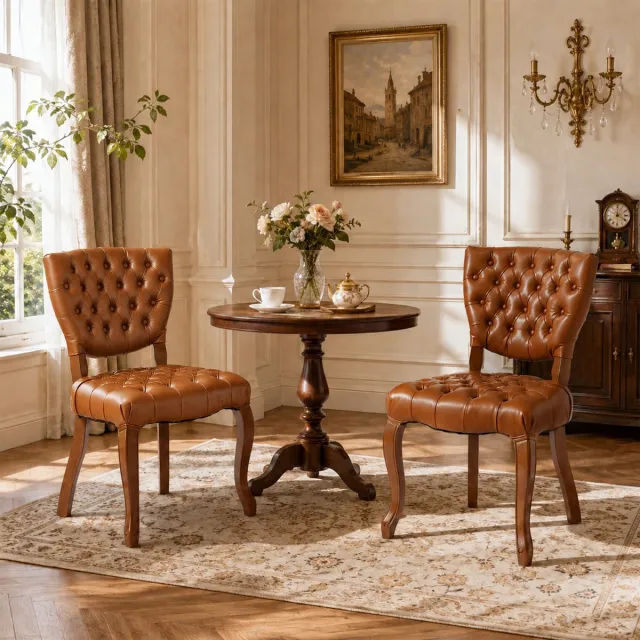 Homemiyn Eetkamerstoelen Set van 2 – Vintage Stoelen met PU Leer, Gecapitonneerde Rugleuning, Gestoffeerde Stoelen met Massief Houten Poten voor Woonkamer en Eetkamer Bruin