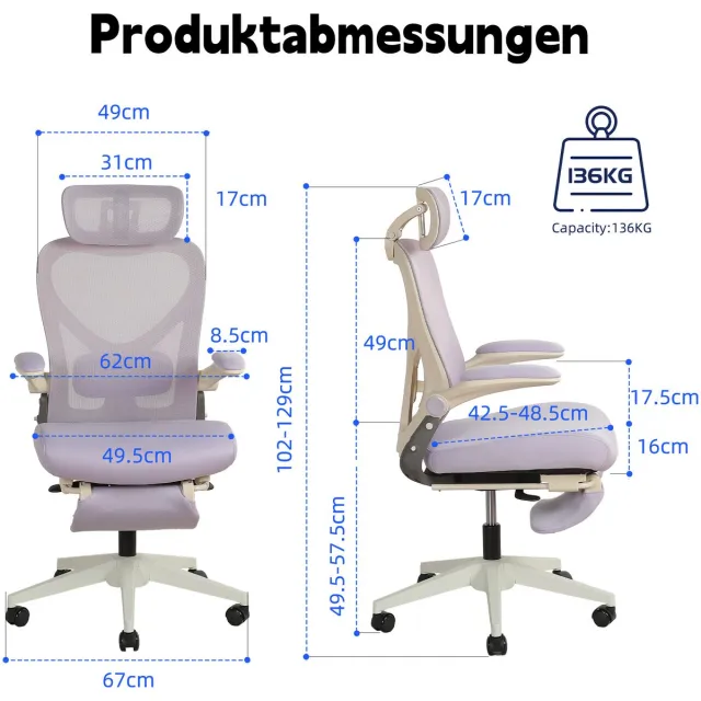 FloraGrace Bureaustoel 67 Cm - Opvouwbare Rugleuning, Hoofdsteun En Lendensteun - Voor Werk, Studie En Spel - Gaas En Schuim - Paars