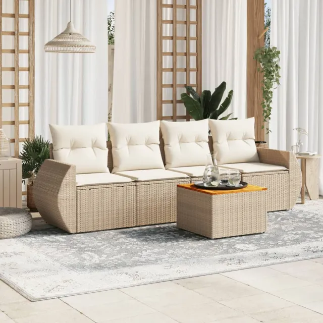 vidaXL 5-delige Loungeset met kussens poly rattan beige, foto 2