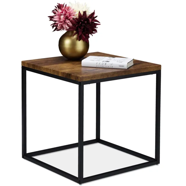 Famanu Bijzettafel, vierkant, 45 cm, industrieel, bijzettafeltje voor woon- & slaapkamer, metaal, houtlook/zwart