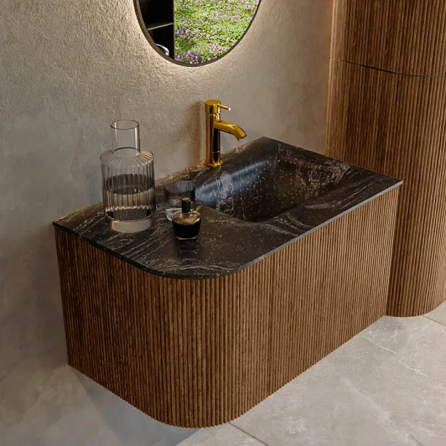Mondiaz KURVE-DLUX 75 cm Onderkast Greeploos 1 Lade Met Deuren Walnut, Wastafel Solid Surface Rechts Lava 1 Kraangat Zonder Spiegel (KRVGRU75L1L1D1KR-Wal/Lav)