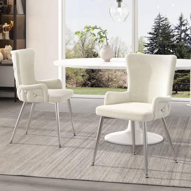 COVREO Eetkamerstoel 55x49x85 cm – beige velvet, metalen poten, set van 2 met armleuningen