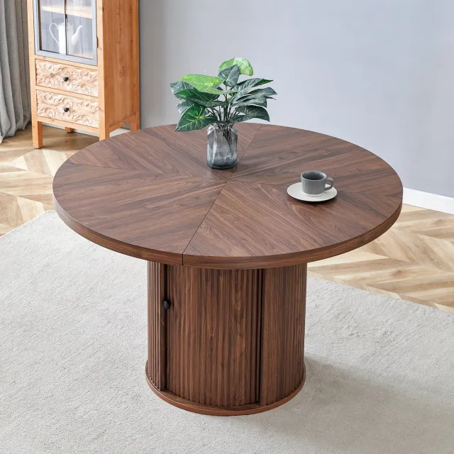 HAUSS SPOLE Eettafel - Ronde Tafel Met Opbergruimte En Kolompoot - Voor Eetkamer En Keuken - MDF - 115 x 115 x 74 Cm - Walnootkleur