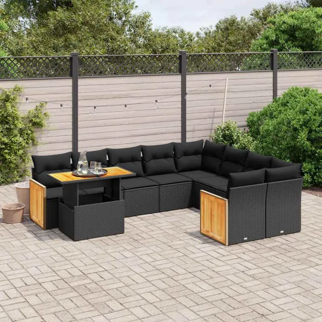 vidaXL 10-delige Loungeset met kussens poly rattan zwart, foto 2