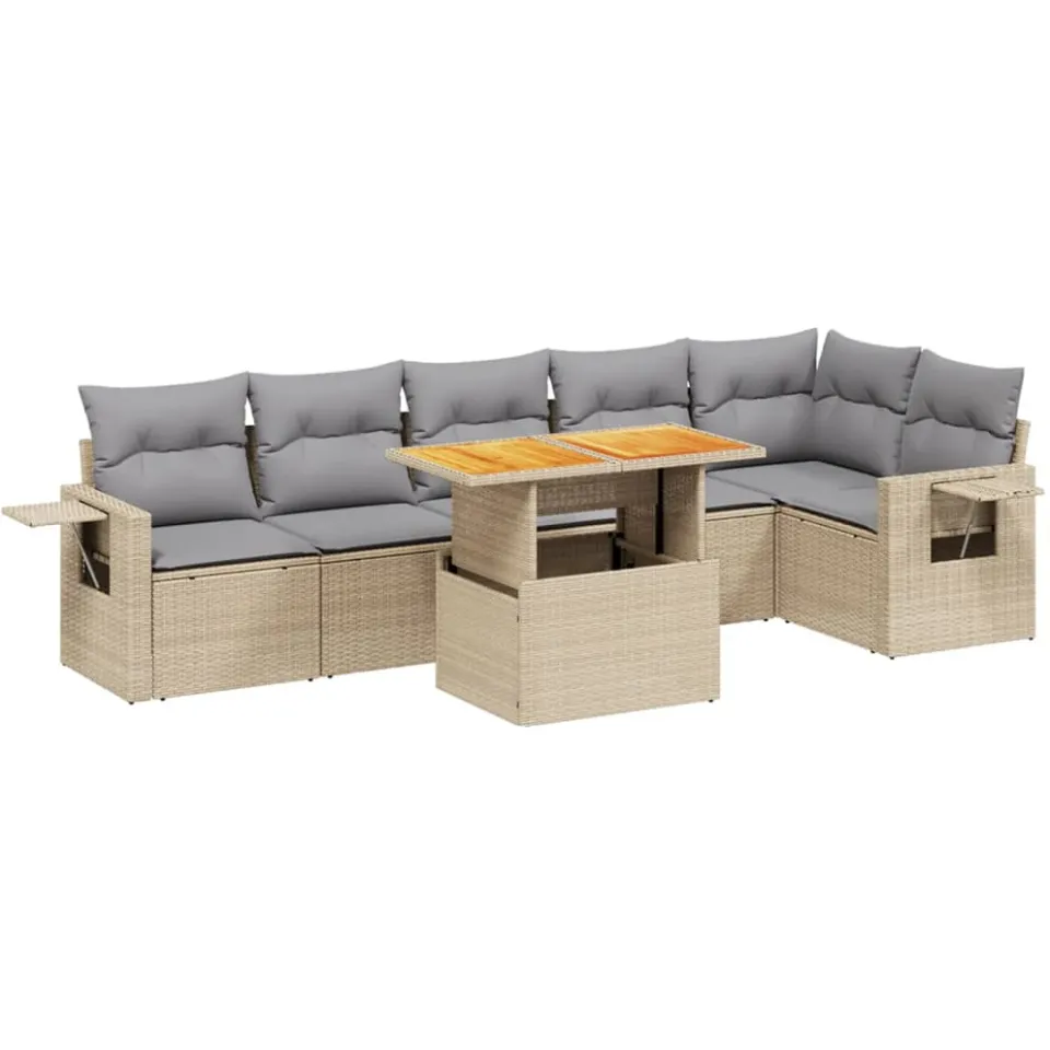 vidaXL 7-delige Loungeset met kussens poly rattan beige, foto 3