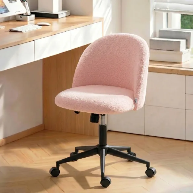 DESMIU Bureaustoel - Roze Teddyfleece - Draaibaar, Hoogteverstelbaar En Met Wielen - Voor Bureau En Thuiswerk - Stof - Roze Pink