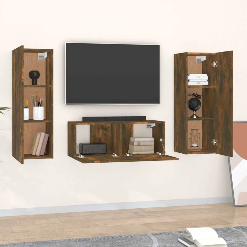 vidaXL 3-delige Tv-meubelset bewerkt hout gerookt eikenkleurig Bruin