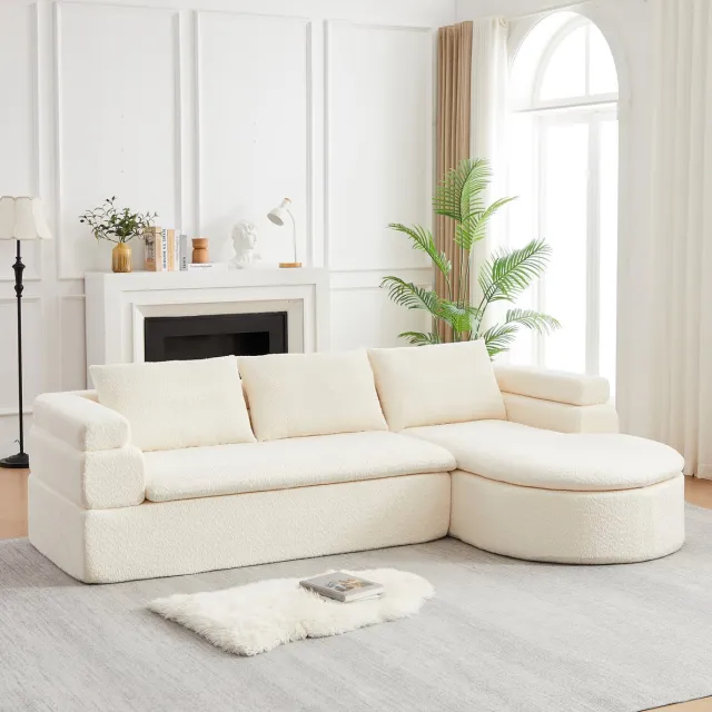 STILVORA Hoekbank 3-Zits - Met Chaiselongue En Chenille Bekleding - Voor Woonkamer, Kantoor En Salon - Cremewit Beige