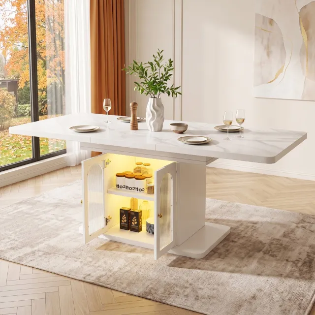 MEUNIQ uitschuifbare eettafel 150/200 x 80 x 76 cm met opbergruimte, 6-8 personen, LED-verlichting met app-bediening, Scandinavische eetkamertafel in wit met marmerlook
