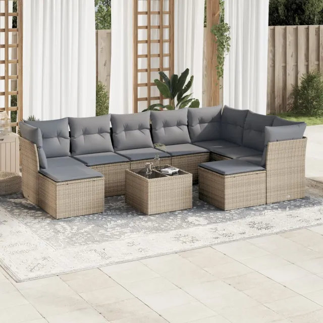 vidaXL 10-delige Loungeset met kussens poly rattan beige, foto 2