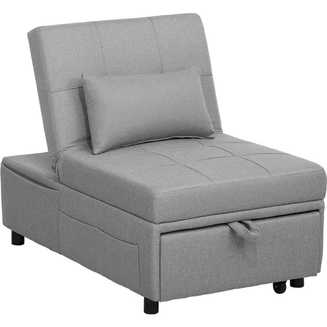 Homona Slaapfauteuil - 4-in-1 - Met in 3 standen verstelbare rugleuning - Met 4 wielen en zijvakken - Inclusief kussen - 65,5 x 104 x 81 cm - Lichtgrijs
