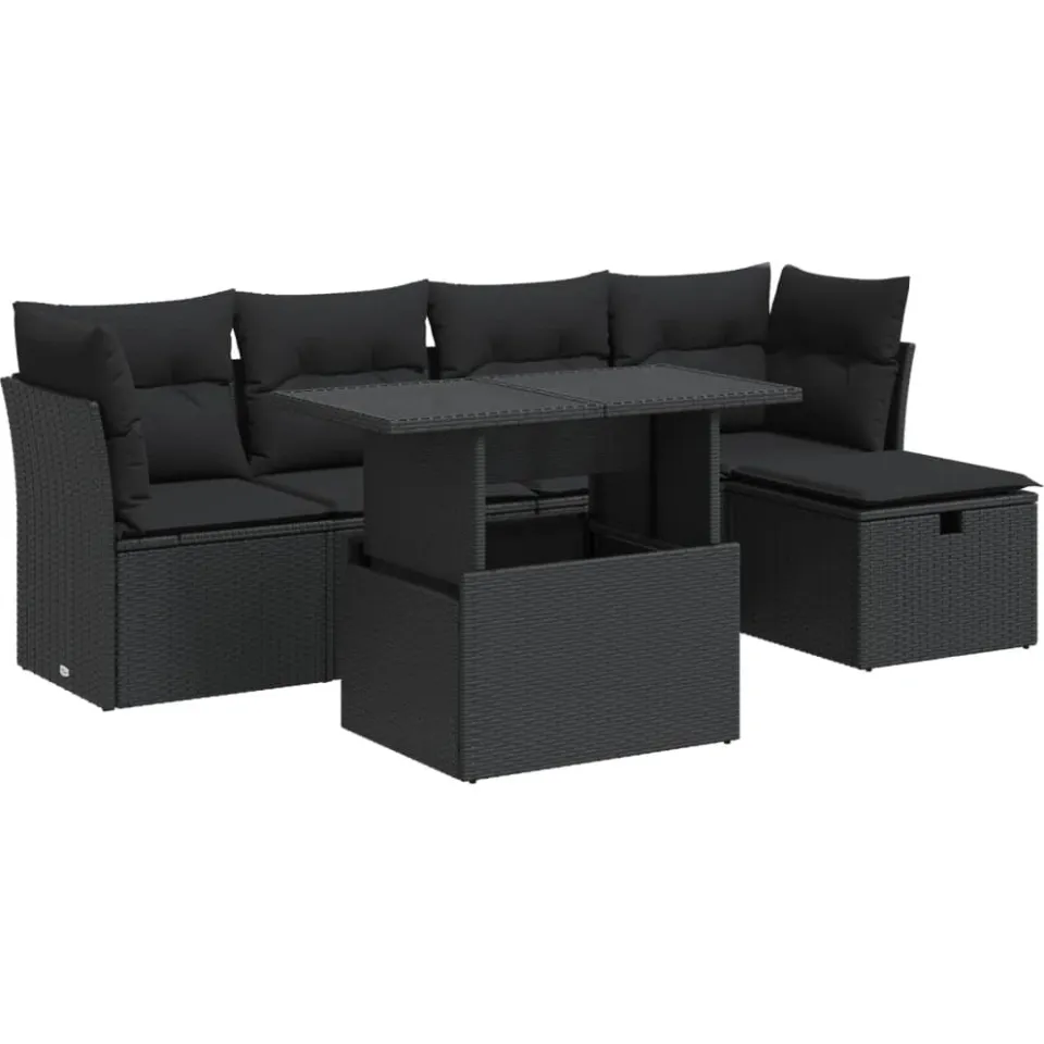 vidaXL 6-delige Loungeset met kussens poly rattan zwart, foto 3
