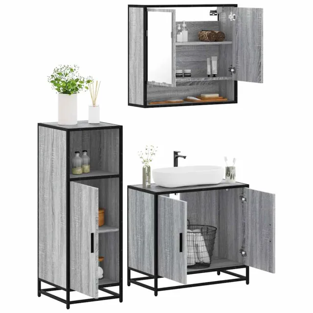 vidaXL 3-delige Badkamermeubelset bewerkt hout grijs sonoma eikenkleur, foto 2