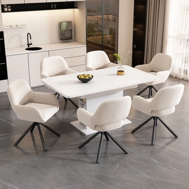 Welltin Eetkamerstoelen - Set van 6 - Met 1 tafel - Draaistoelen - Stoel met Armleuningen - Minimalistische Design Stoel - Woonkamer Stoel - Draaibare Stoel - Luxe Eetkamerstoel - Beige
