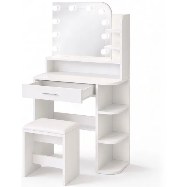 Atlasyx make up tafel - Kaptafel - Met spiegel en verlichting - Makeuptafel - Bureau - Met kruk - LED-licht - 67 x38x 136 cm - Wit