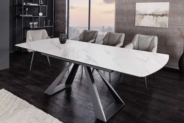 Invicta Interior Uitschuifbare eettafel CONCORD 180-230cm wit keramiek marmer design zwart metaal - 46498 Zie omschrijving