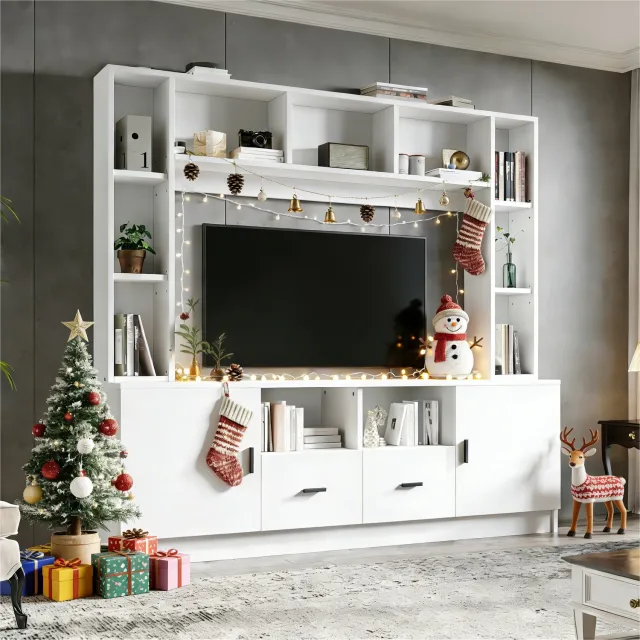 Rolipo TV-meubelwand 180 cm met 2 kasten- 2 laden en 11 open vakken voor tv tot 60 inch - Wit