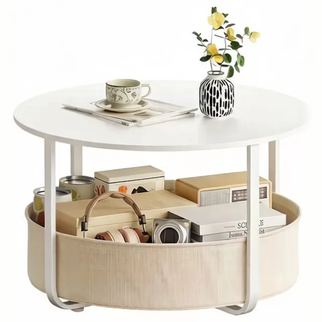 SONNENH Ronde salontafel met afneembare canvas opbergmand - Ø80 x 50 cm - Wit / Beige Wit | Beige
