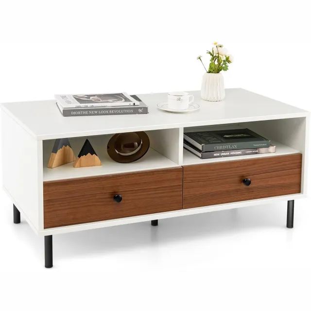 Costway Salontafel met 2 laden en 2 planken, woonkamertafel, rechthoekig met opbergruimte, koffietafel, banktafel voor woonkamer, slaapkamer, wit + bruin