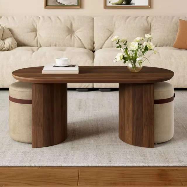CreateEcom Salontafel - Bijzettafel - Woonkamer tafel - Koffietafel - Koffietafelset met 2 krukken - ovale koffietafel - gestoffeerde krukken, salontafel - moderne stijl - afgeronde hoeken, MDF - 108x50x44 cm - walnootkleur bruin