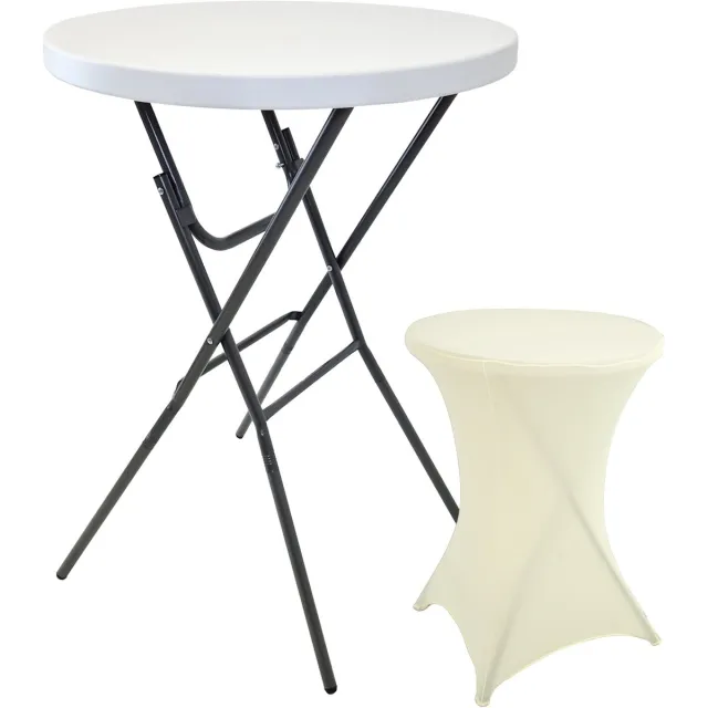 TRUTZHOLM Statafel met beige hoes - Inklapbaar - Ø 80 cm - 110 cm hoog - Wit kunststof tafelblad - Gepoedercoat stalen frame