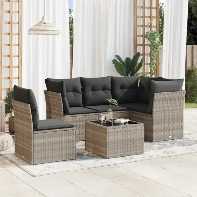 vidaXL 6-delige Loungeset met kussens poly rattan lichtgrijs grijs, foto 2