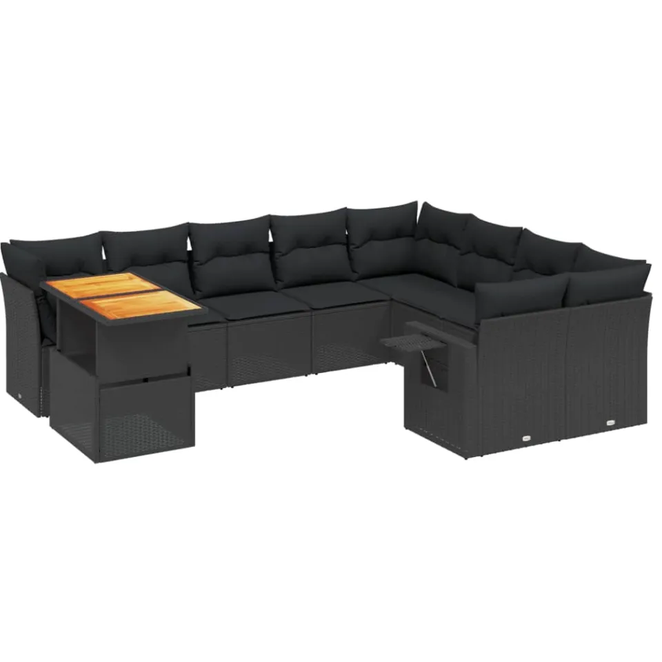 vidaXL 10-delige Loungeset met kussens poly rattan zwart, foto 3