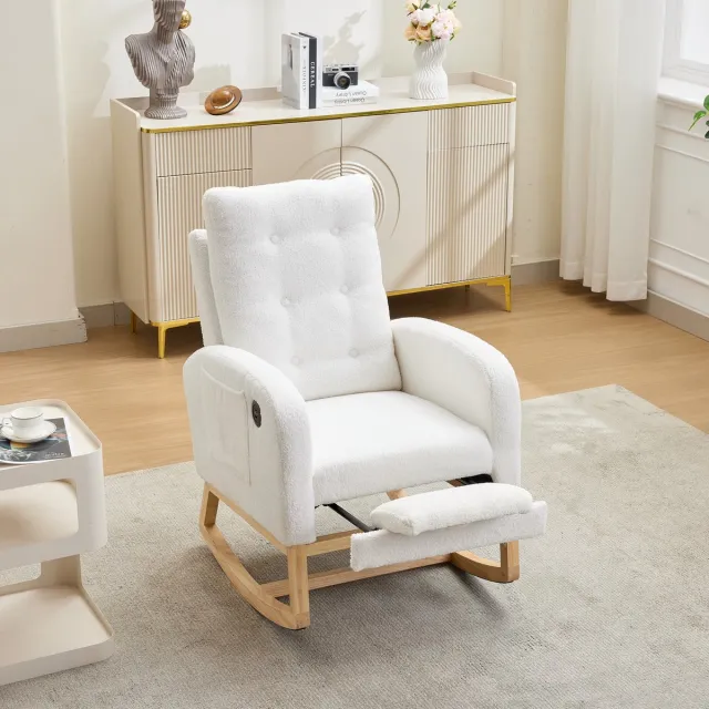 HAUSS SPOLE Schommelstoel - Relaxfauteuil Met Verstelbare Voetensteun En USB Oplaadpoort - Voor Woonkamer En Slaapkamer - Teddy Wit