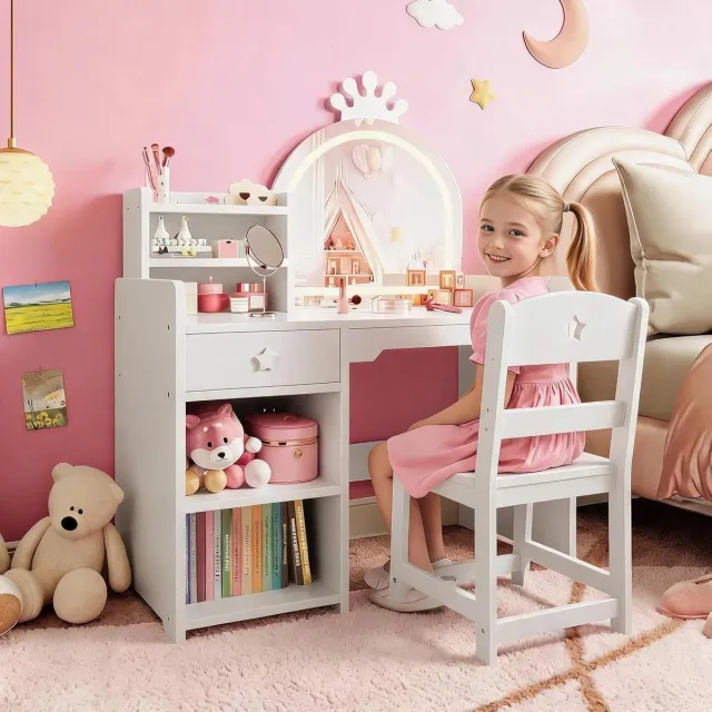 Triumpunpre 2-in-1 kinderkaptafel met LED-spiegel en krukje - Houten prinsessenkaptafel met boekenplank en opbergruimte voor de meisjeskamer wit