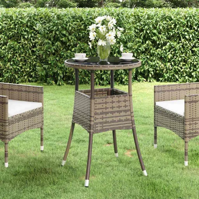 vidaXL Tuintafel Ø60x75 cm gehard glas en poly rattan grijs, foto 2