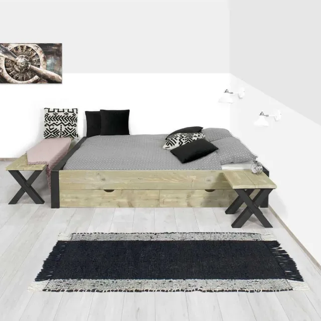 Steigerhouten bed Mena met industriële voor/achter kant