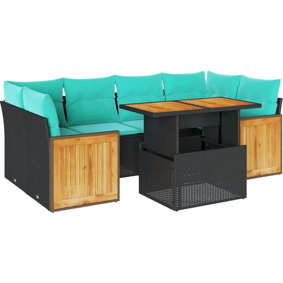 vidaXL 7-delige Loungeset met kussens poly rattan acacia zwart, foto 3