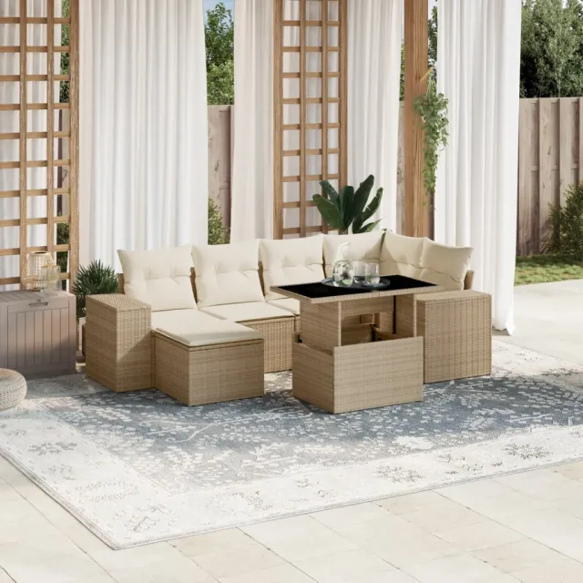 vidaXL 7-delige Loungeset met kussens poly rattan beige, foto 2