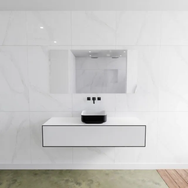 Mondiaz Badkamermeubelset Mondiaz LAGOM 140 cm Topblad met Gecentreerde Wastafel Solid Surface Opzetkom Binx Zonder Kraangaten Mat Zwart (1 lade)