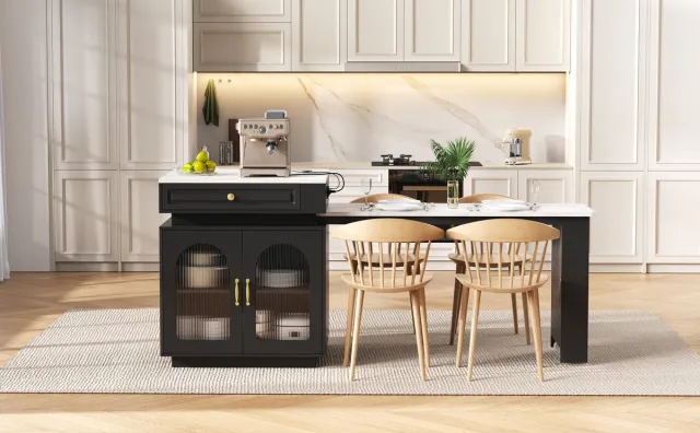 REDOM Uitschuifbaar Keukeneiland - Met Ledverlichting En Stopcontacten - Scandinavisch - Voor Keuken En Eetkamer - MDF En Glas - Zwart