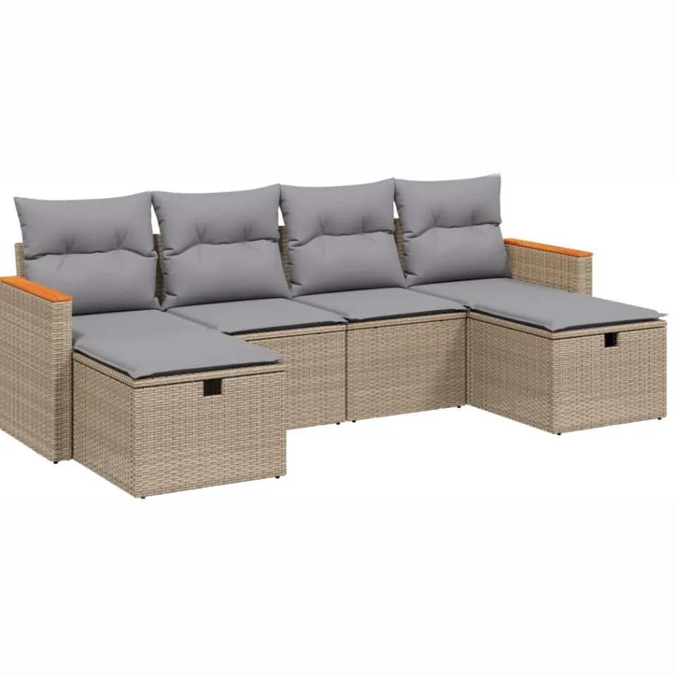 vidaXL 6-delige Loungeset met kussens poly rattan gemengd beige, foto 3