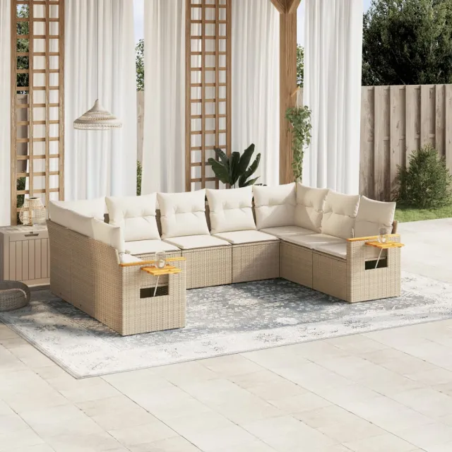 vidaXL 9-delige Loungeset met kussens poly rattan beige, foto 2