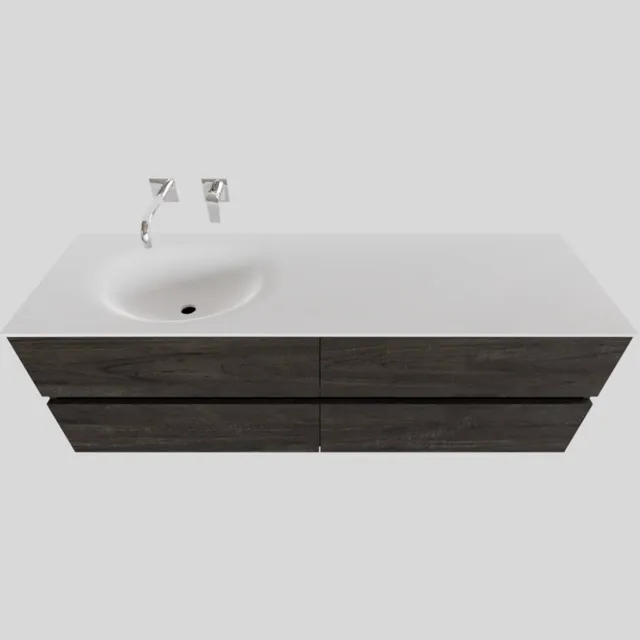 Boss & Wessing Badkamermeubel Solid Surface BWS Stockholm 150x46 cm Links Wood Dark Brown 4 Laden (0 kraangaten) Houtlook