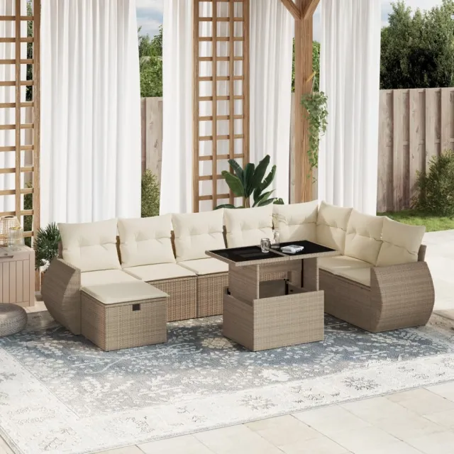 vidaXL 9-delige Loungeset met kussens poly rattan beige, foto 2