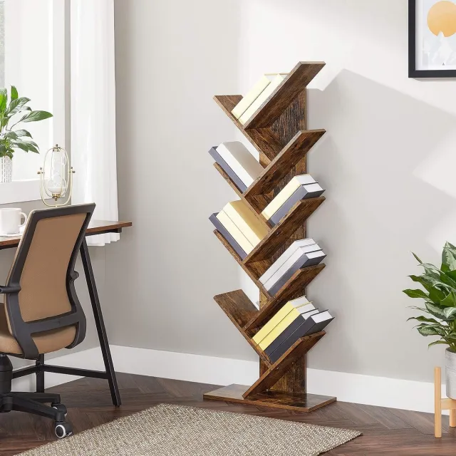 FurnStar Boekenkast - Boomboekenkast - Boekenkast met 8 Niveaus - Ruimtebesparend Hoekrek - Met Planken - Voor Slaapkamer, Woonkamer, Kantoor - Rustiek Bruin - 50 x 25 x 141.5 cm