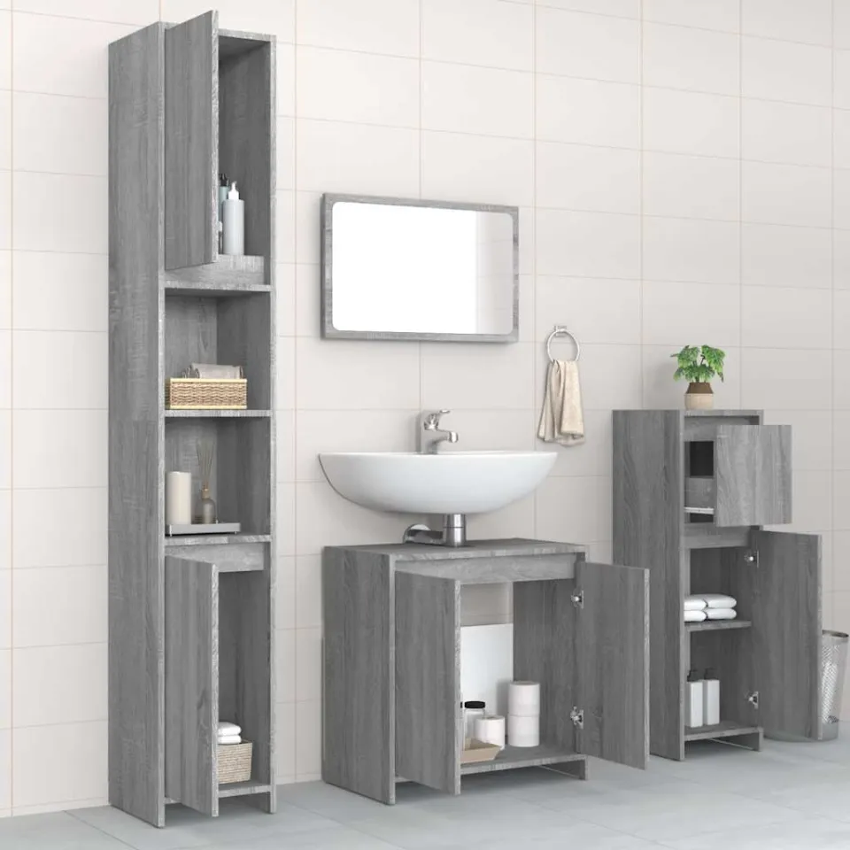 vidaXL 4-delige Badkamermeubelset bewerkt hout grijs sonoma eikenkleur, foto 3