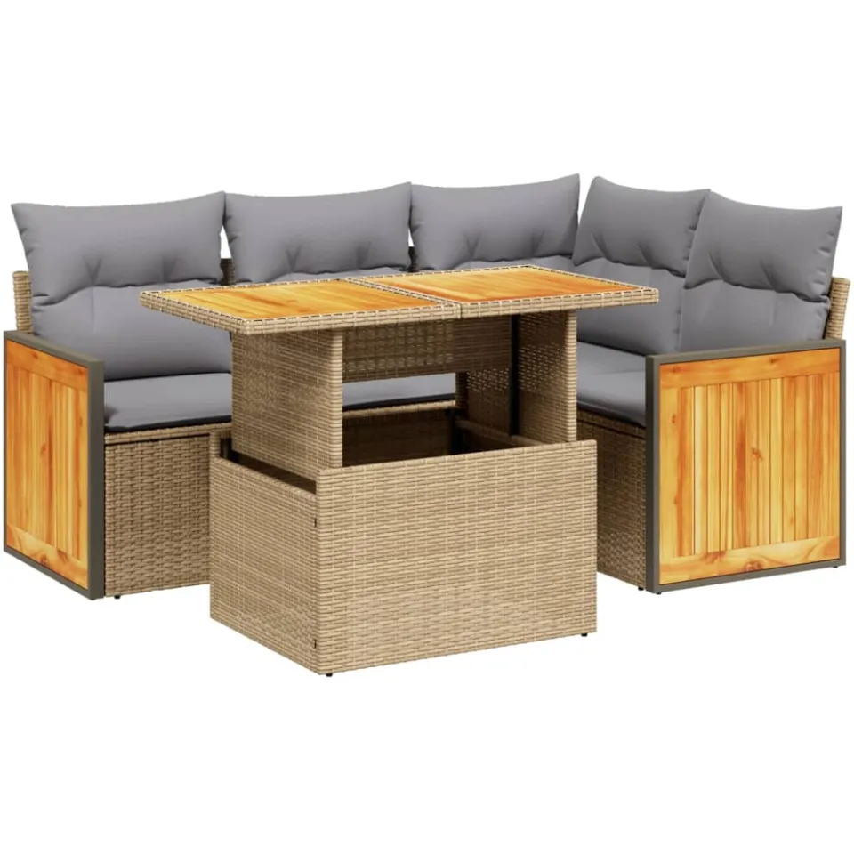 vidaXL 5-delige Loungeset met kussens poly rattan beige, foto 3