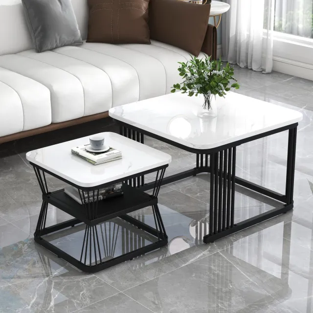 Clruro Salontafel Set - 2 Stuks - Marmer MDF - Staal Wit Hoogglans Zwart - 65x65x45 cm & 45x45x39.5 cm