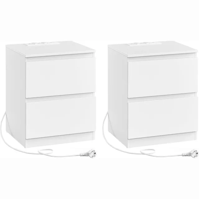 FurnStar Kailyn Collection - Nachtkastje met stekkerdoos -Set van 2 -Bijzettafel - 2 laden - 2 AC-Stopcontacten - 2 USB-A-aansluitingen - Modern- Wolkenwit