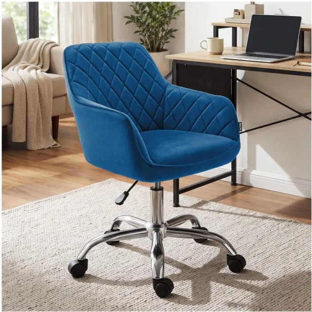 Tectake Bureaustoel - 360° Draaibaar - Gestoffeerde Eetkamerstoel op Wieltjes - Fluwelen Bekleding - In Hoogte Verstelbare Draaifauteuil - Ergonomische Draaistoel met Armleuningen - Eetkamerstoel met Wielen - Blauw