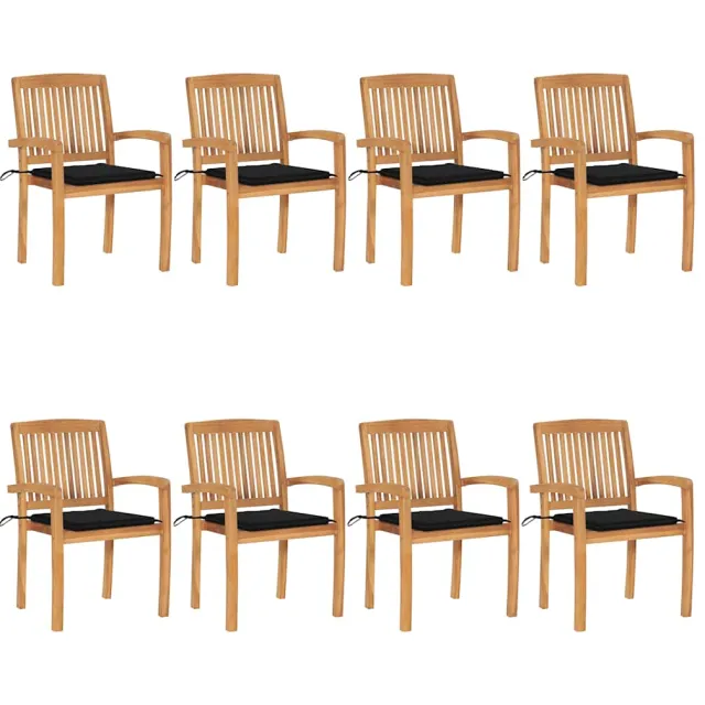 vidaXL Tuinstoelen stapelbaar 8 st met kussens massief teakhout Zwart