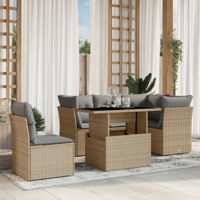 vidaXL 6-delige Loungeset met kussens poly rattan beige, foto 2